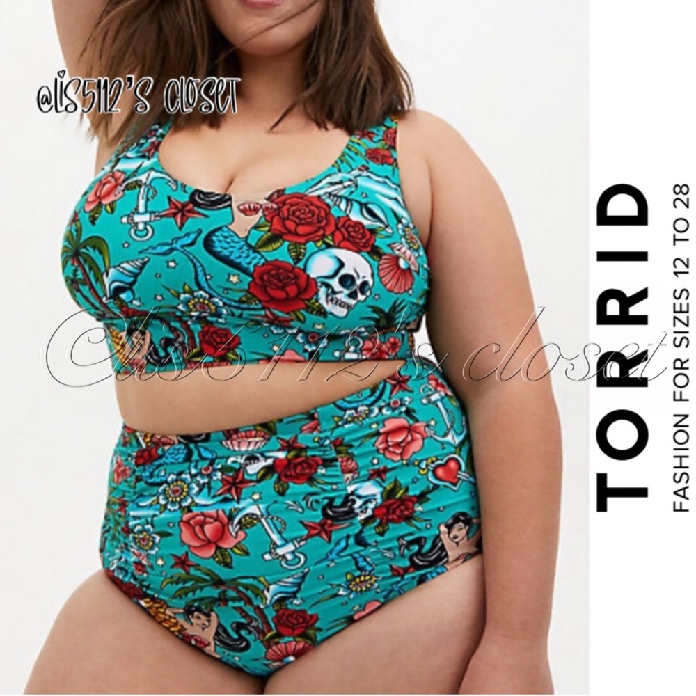 Torrid Aqua Retro Mermaid Tattoo Bikini Top & Ruched Bottoms Swimsuit SET 3X 4X